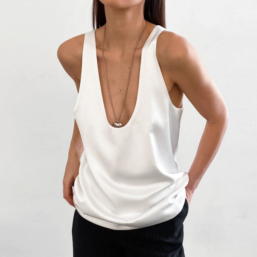 Echoarchiv | Frauen Satin U Hals T-Shirt Ärmelloses Top