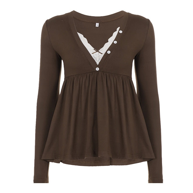 Damen Babydoll-Longsleeve mit Spitzen‑Einsatz, V‑Ausschnitt und Knopfdetail – Élovi