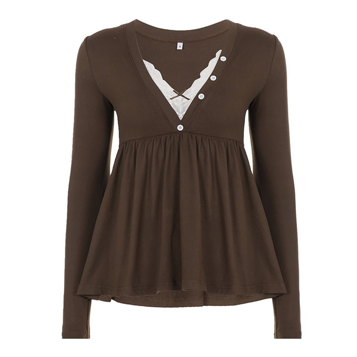 Damen Babydoll-Longsleeve mit Spitzen‑Einsatz, V‑Ausschnitt und Knopfdetail – Élovi
