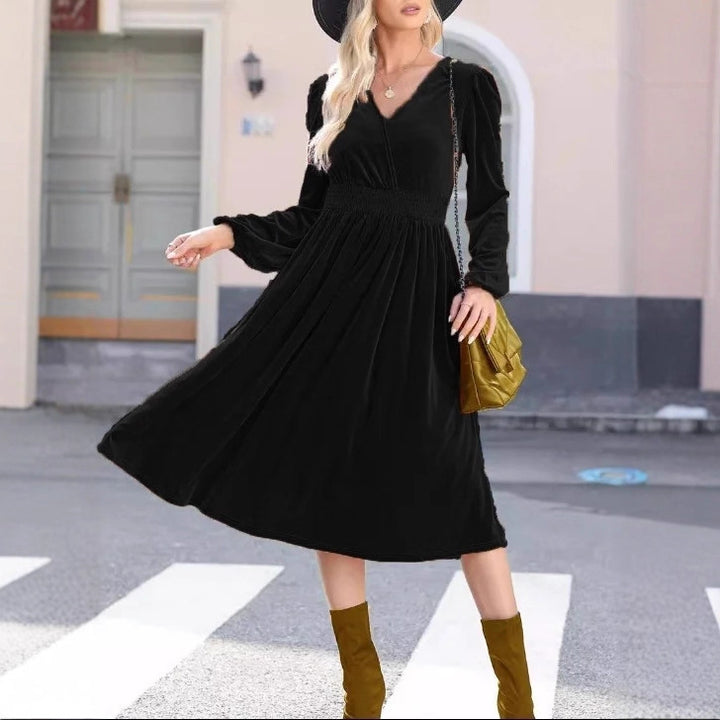 Damen Midikleid aus Samt mit V-Ausschnitt, geraffter Smock-Taille und langen Ballonärmeln – Élara