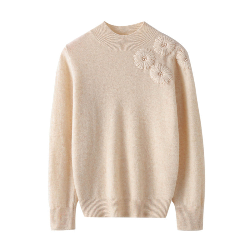 Damen Weicher Feinstrickpullover mit kurzem Stehkragen, 3D‑Blütenapplikation und gerippten Bündchen Echoarchiv
