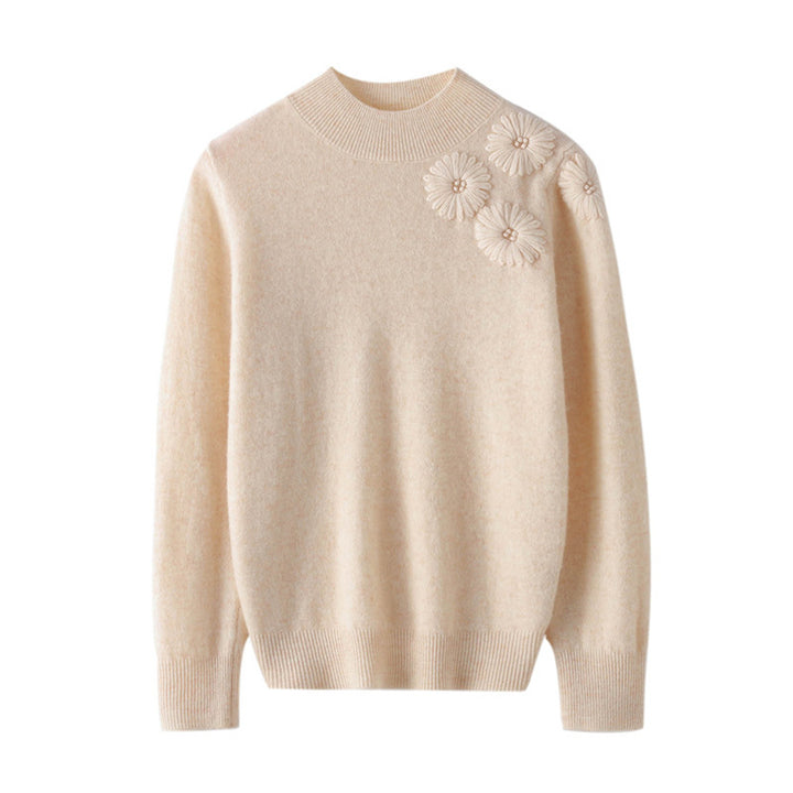 Damen Weicher Feinstrickpullover mit kurzem Stehkragen, 3D‑Blütenapplikation und gerippten Bündchen Echoarchiv
