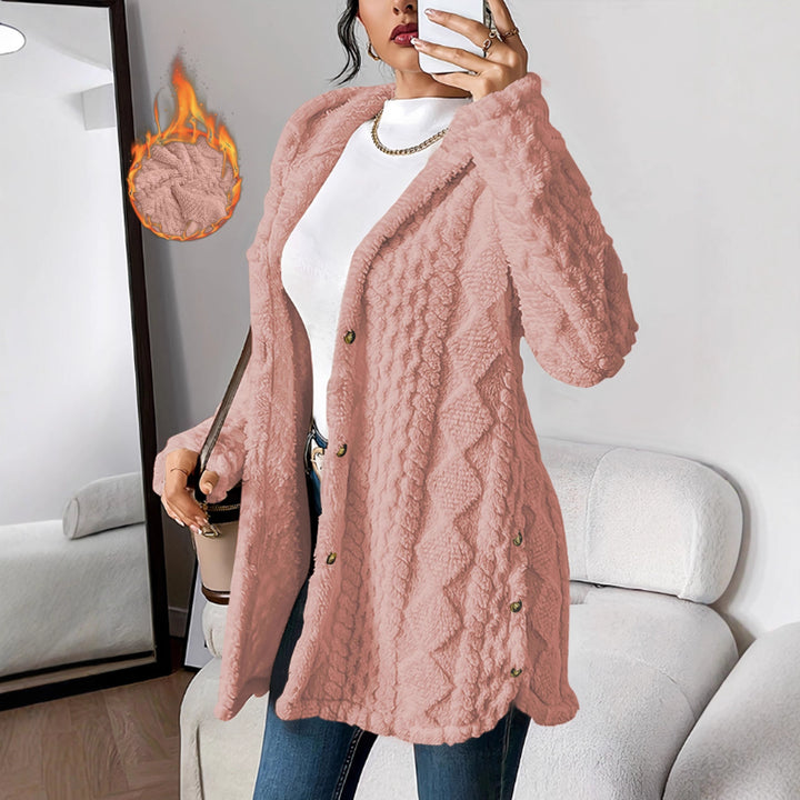 Damen Oversize Strickmantel mit Kapuze, Jacquard‑Struktur und Knopfleiste – Veloura