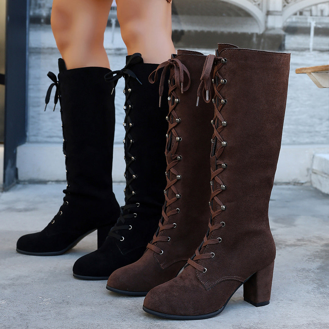 Damen kniehohe Schnürstiefel mit mittelhohem Blockabsatz und Vintage‑Wildlederoptik Echoarchiv