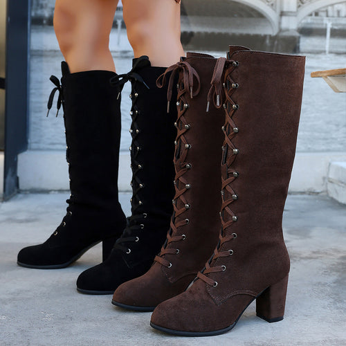 Damen kniehohe Schnürstiefel mit mittelhohem Blockabsatz und Vintage‑Wildlederoptik Echoarchiv