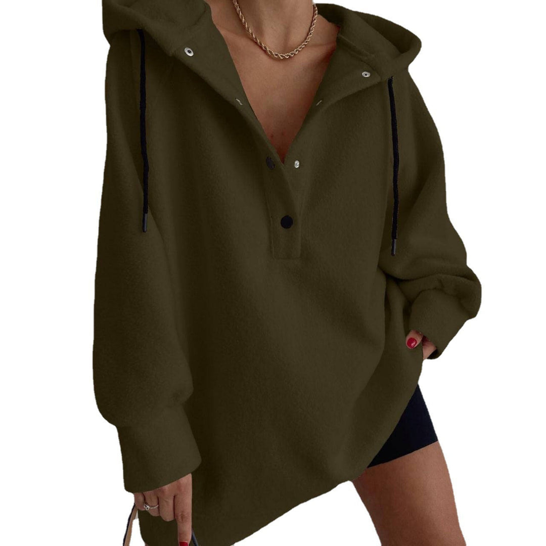 Damen nan kuscheliges Kapuzen-Fleece-Tunika-Sweatshirt mit Druckknopfleiste und überschnittener Schulter Echo Archiv