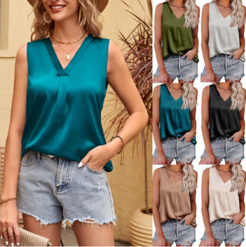 Damen Satin V-Ausschnitt Bluse mit eleganter Faltenverzierung Echo Archiv