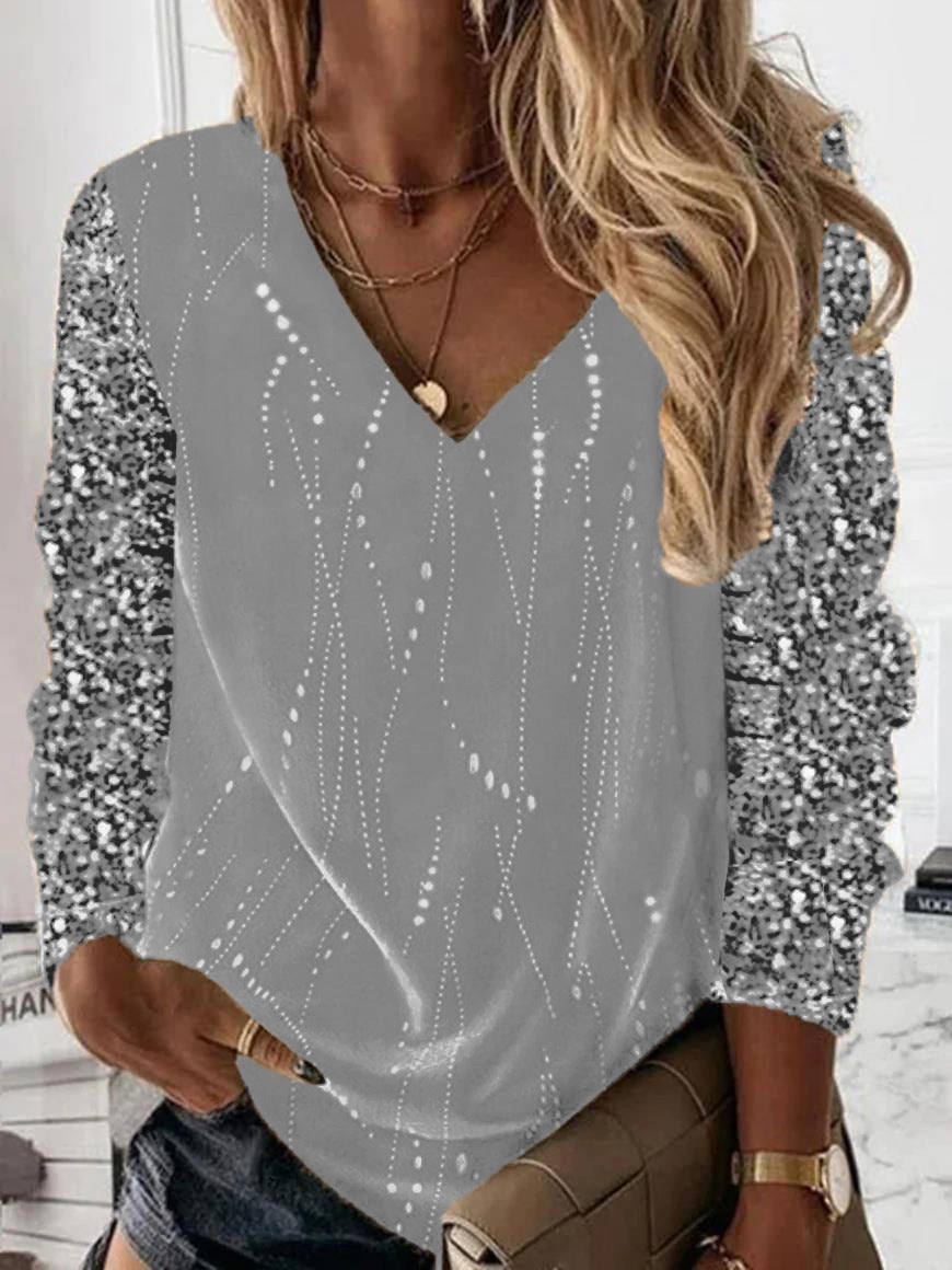 Damen Festliche V-Ausschnitt Bluse mit Paillettenärmeln und leichter Drapierung – Élovi