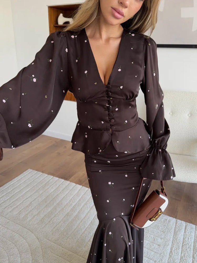 Damen Zweiteiliges Satin-Set mit tailliertem Knopf-Top und Meerjungfrau-Rock Echoarchiv