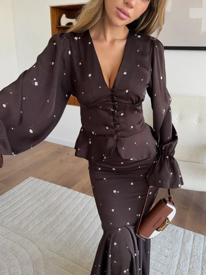 Damen Zweiteiliges Satin-Set mit tailliertem Knopf-Top und Meerjungfrau-Rock Echoarchiv