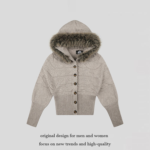 Damen Kapuzen‑Strickjacke mit Zopfmuster, Kunstfellbesatz und tailliertem Rippenbund Echoarchiv