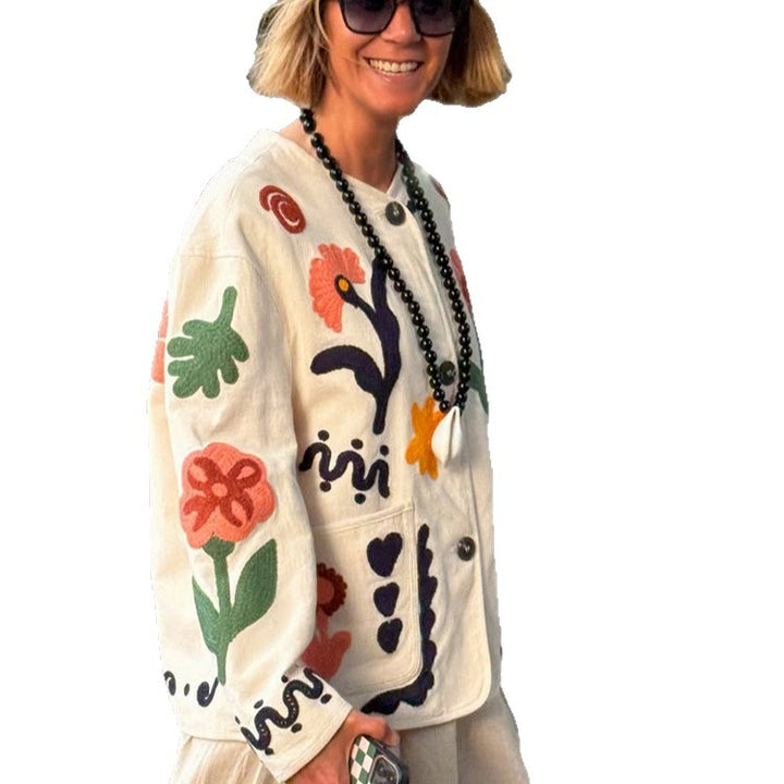 Damen bestickte Boxy-Jacke mit floraler Applikation und aufgesetzten Taschen Echoarchiv