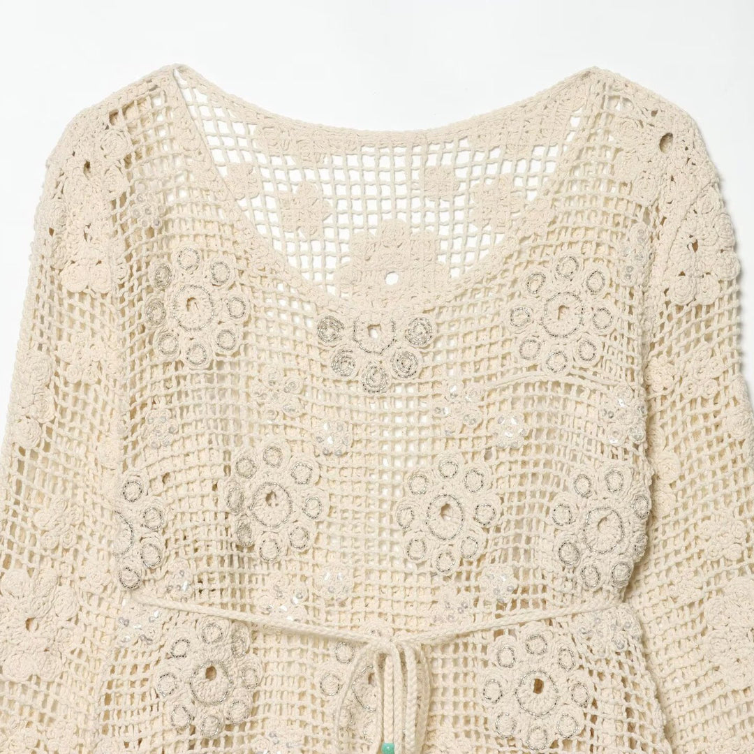 Damen Häkelbluse mit floralem Crochet‑Motiv, V‑Ausschnitt und Tunnelzug Echoarchiv