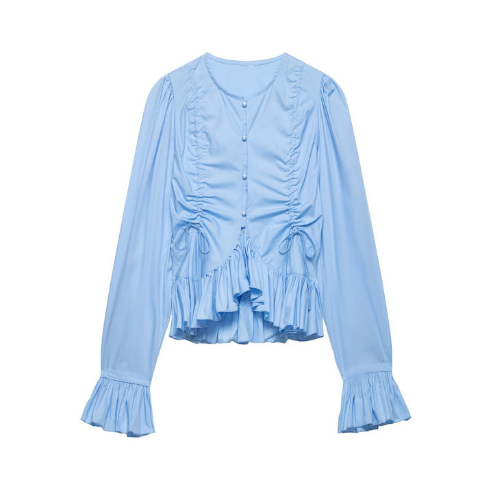 Damen Rüschige Bluse mit Kordelzug, Ballonärmeln und Volant-Saum Echo Archiv