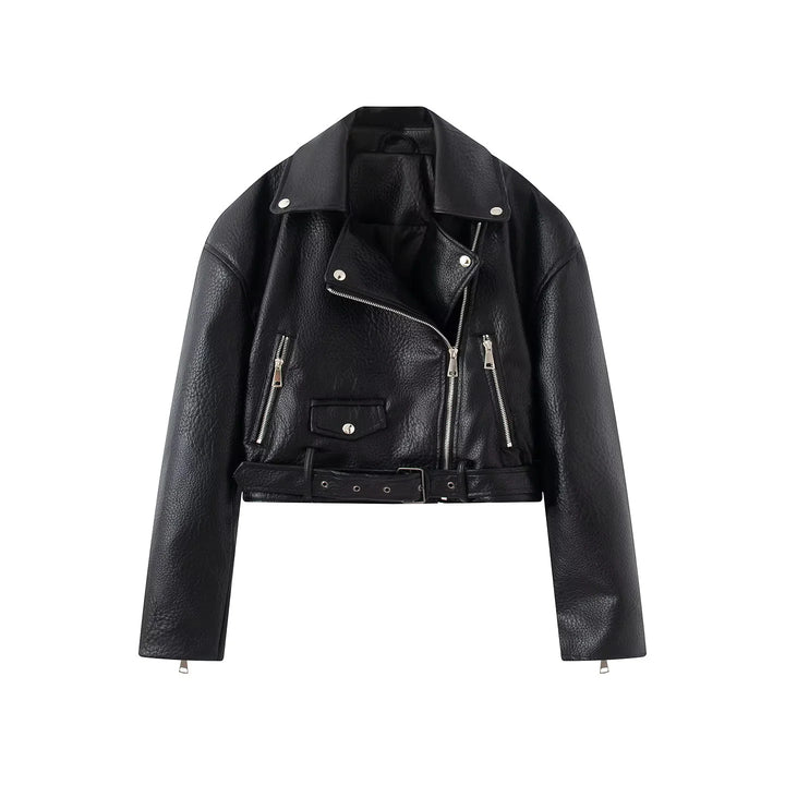 Damen cropped Bikerjacke aus veganem Lederimitat mit asymmetrischem Reißverschluss und Taillengürtel – Célinea