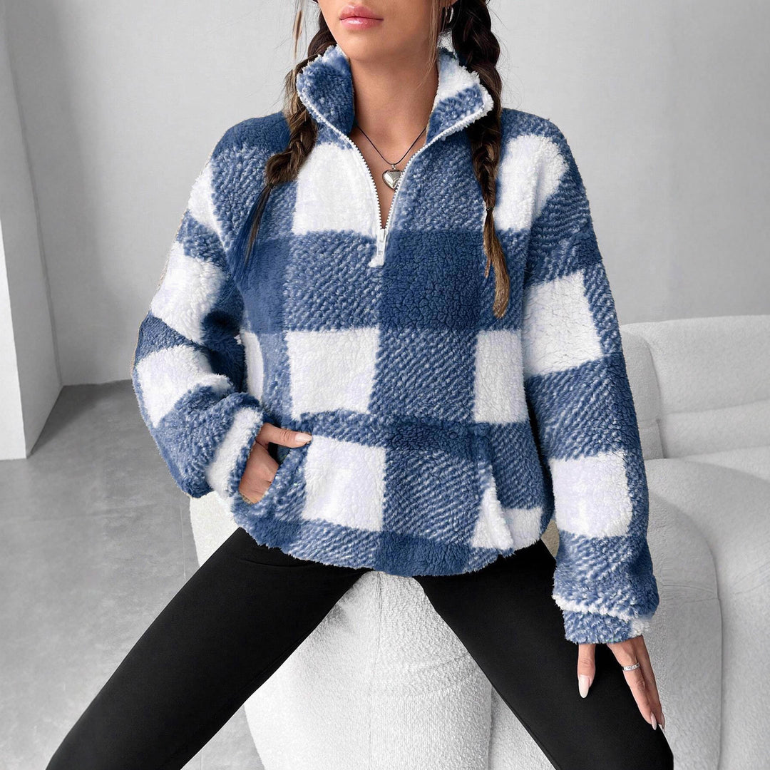 Damen nan kuscheliger Sherpa-Pullover mit Stehkragen, Half-Zip und Kängurutasche Echo Archiv