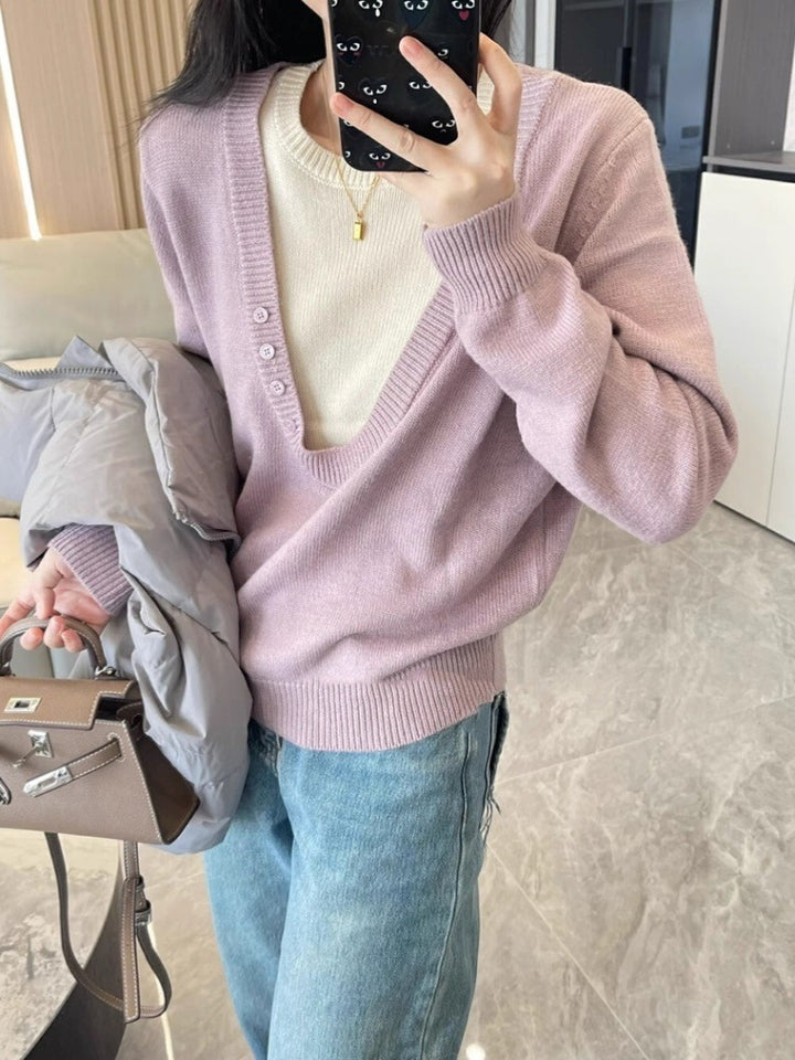 Damen Tiefer V‑Ausschnitt Feinstrickpullover mit Layering‑Effekt und leichter Taillierung Echoarchiv