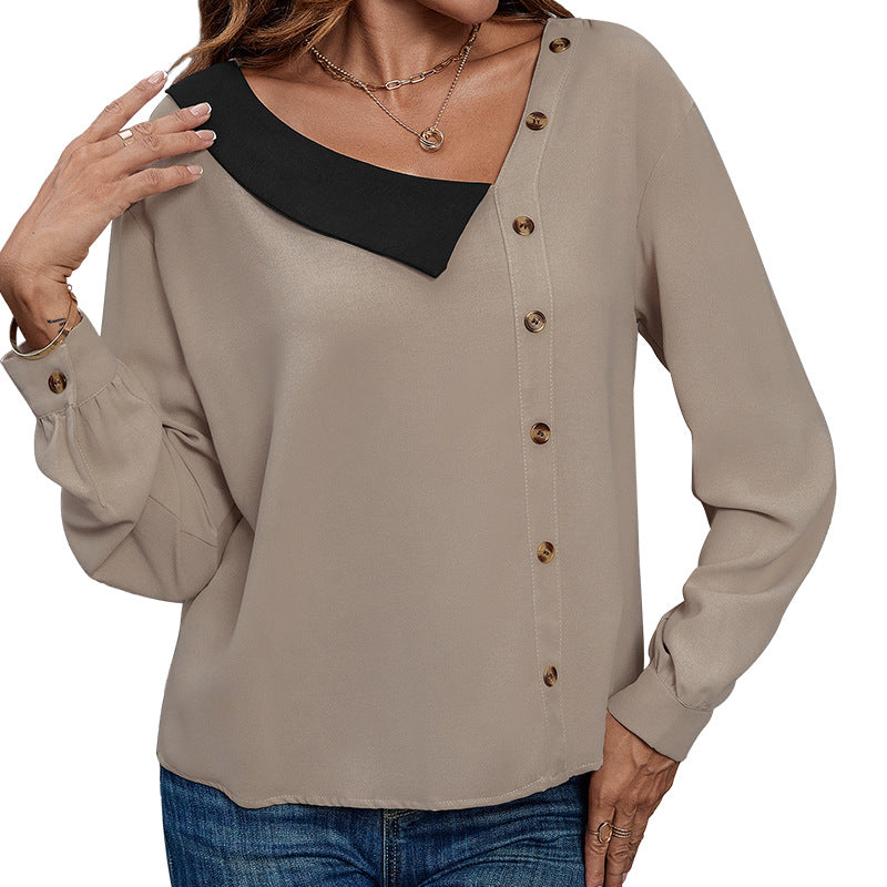 Damen Asymmetrische Hemdbluse mit kontrastiertem Kragen und dekorativer Knopfleiste Echoarchiv