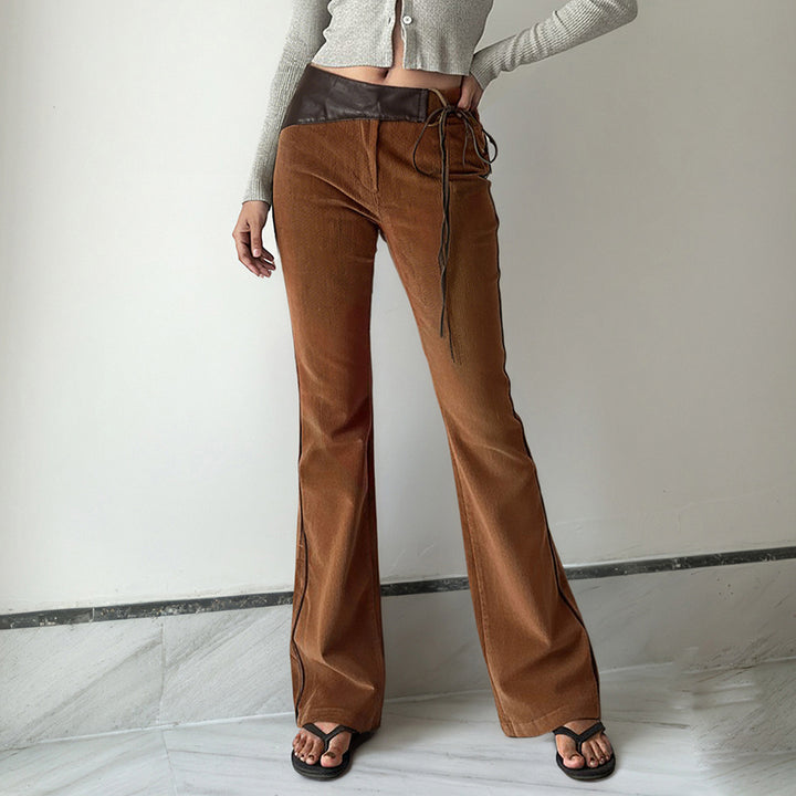 Damen nan ausgestellte Cordhose mit hohem Bund, Lederbesatz und Bindeband Echo Archiv