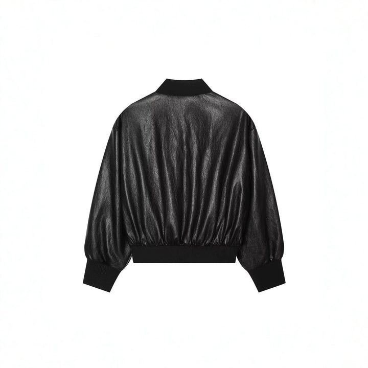 Damen Cropped Leder-Bomberjacke mit geripptem Saum und Pattentaschen Echoarchiv