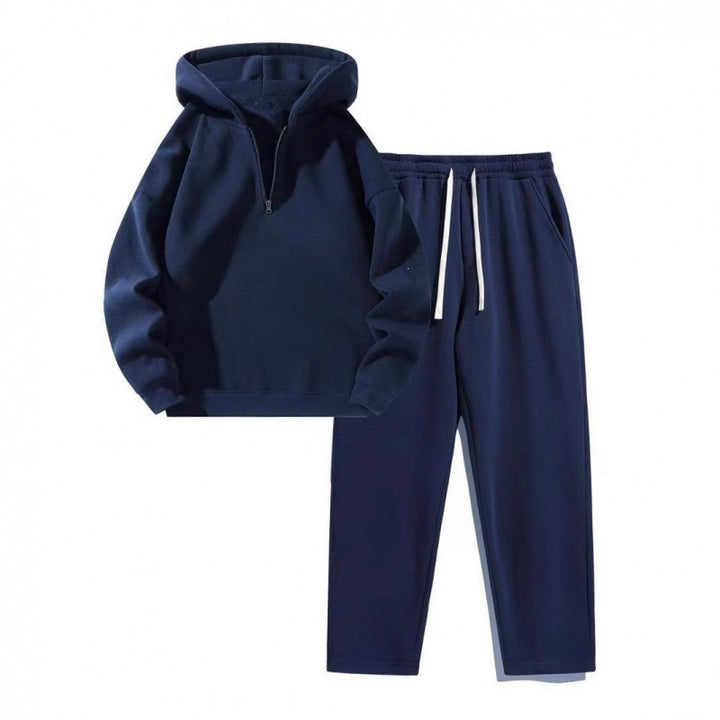 Damen Relax-Set mit kurzem Halbzip, übergroßer Kapuze und taillenhoher tapered Jogginghose – Auréline