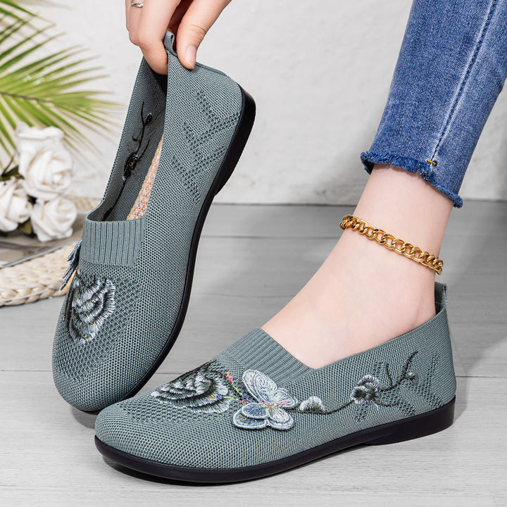 Damen nan bestickter Strick-Slipper mit sockenähnlichem Einstieg, floralem Stickmotiv und gedämpfter Leichtsohle Echo Archiv
