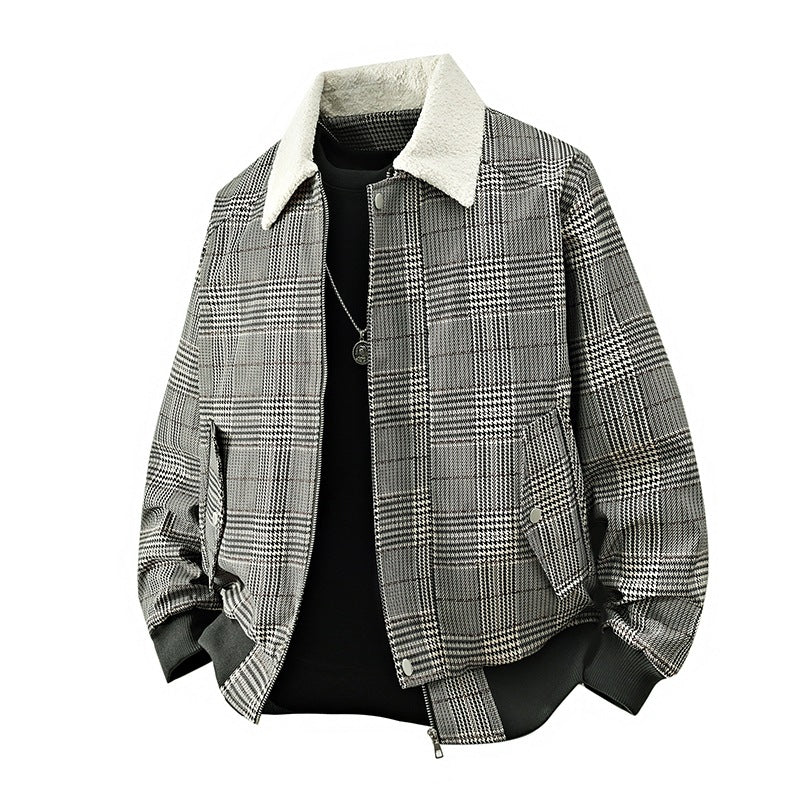 Herren kariertes Bomber-Übergangsjacke mit Teddykragen & gerippten Bündchen Echoarchiv