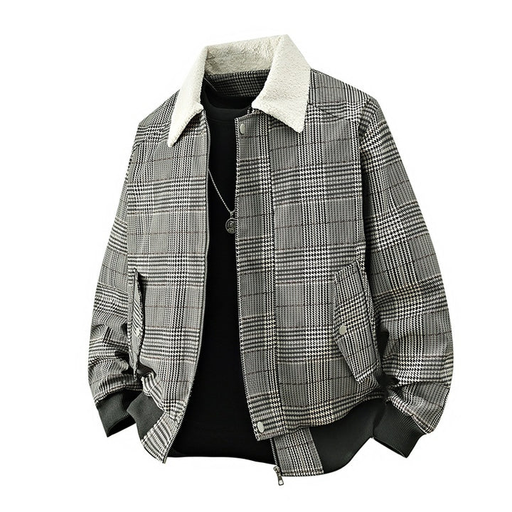 Herren kariertes Bomber-Übergangsjacke mit Teddykragen & gerippten Bündchen Echoarchiv