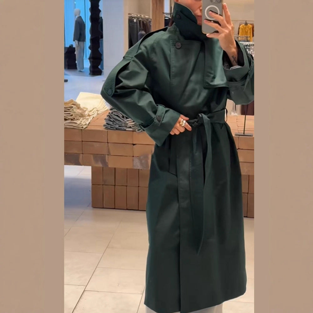 Damen Langer wasserabweisender Trenchcoat mit Taillengürtel und hohem Stehkragen Echoarchiv