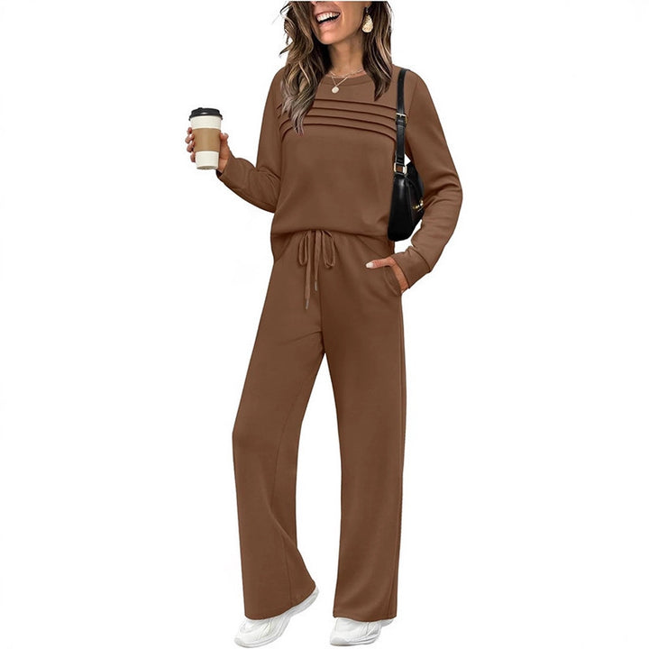 Damen Zweiteiliges Lounge-Set mit Plissee-Detail, Rundhals-Sweatshirt und weitem Kordel-Hose – Élanora