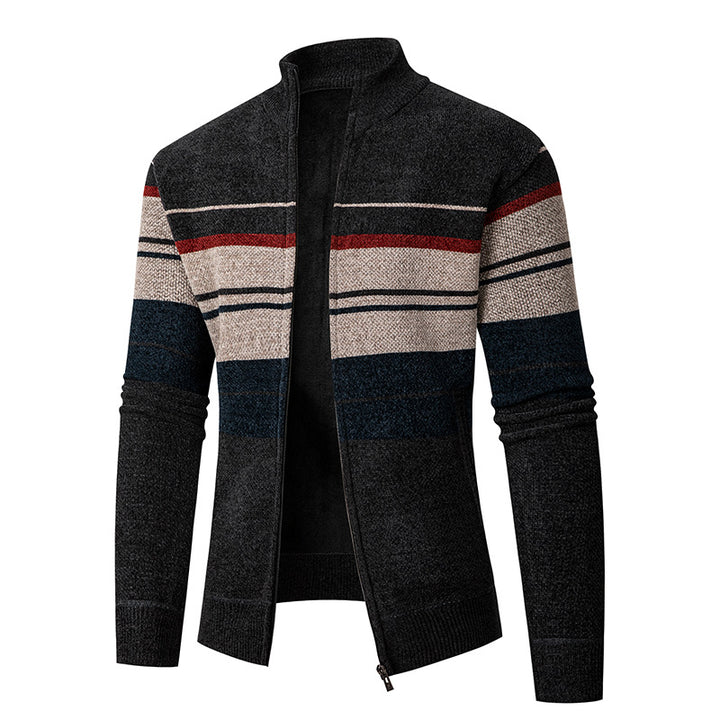 Herren modische Strickjacke mit kontrastierenden Streifen und hochabschließendem Kragen Echoarchiv