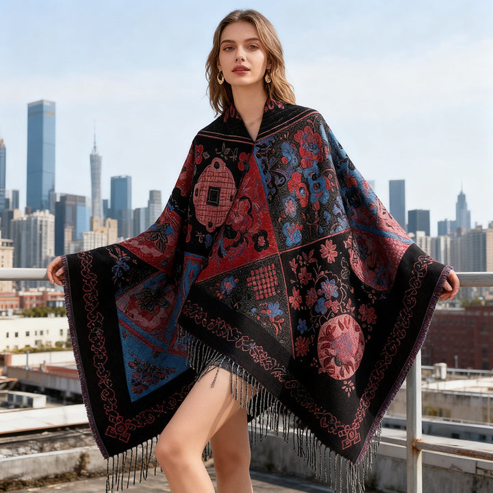 Damen Jacquard-Poncho mit Boho-Patchwork-Muster und Fransensaum Echo Archiv