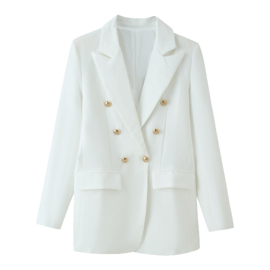 Damen Doppelreihiger Longline-Blazer mit Schalkragen und goldenen Zierknöpfen Echoarchiv
