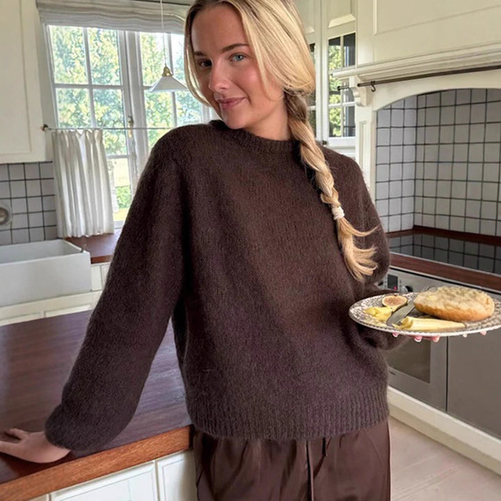 Damen Flauschiger Rundhals-Pullover mit Ballonärmeln und kastiger Silhouette Echoarchiv