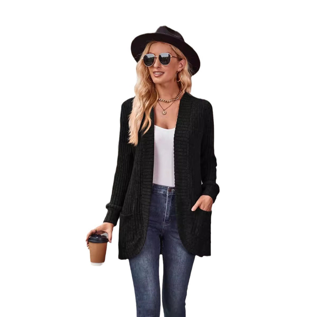 Damen nan langer gerippter Cardigan mit aufgesetzten Taschen und offener Front Echo Archiv
