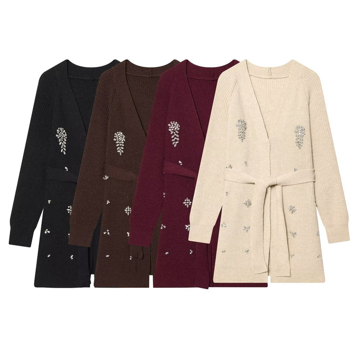 Damen Longcardigan mit Bindegürtel und Schmuckstein‑Applikation Echo Archiv