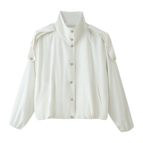 Damen Cropped Windbreaker‑Jacke mit hohem Funnelkragen, Druckknopffront und abnehmbaren Schulterklappen Echoarchiv