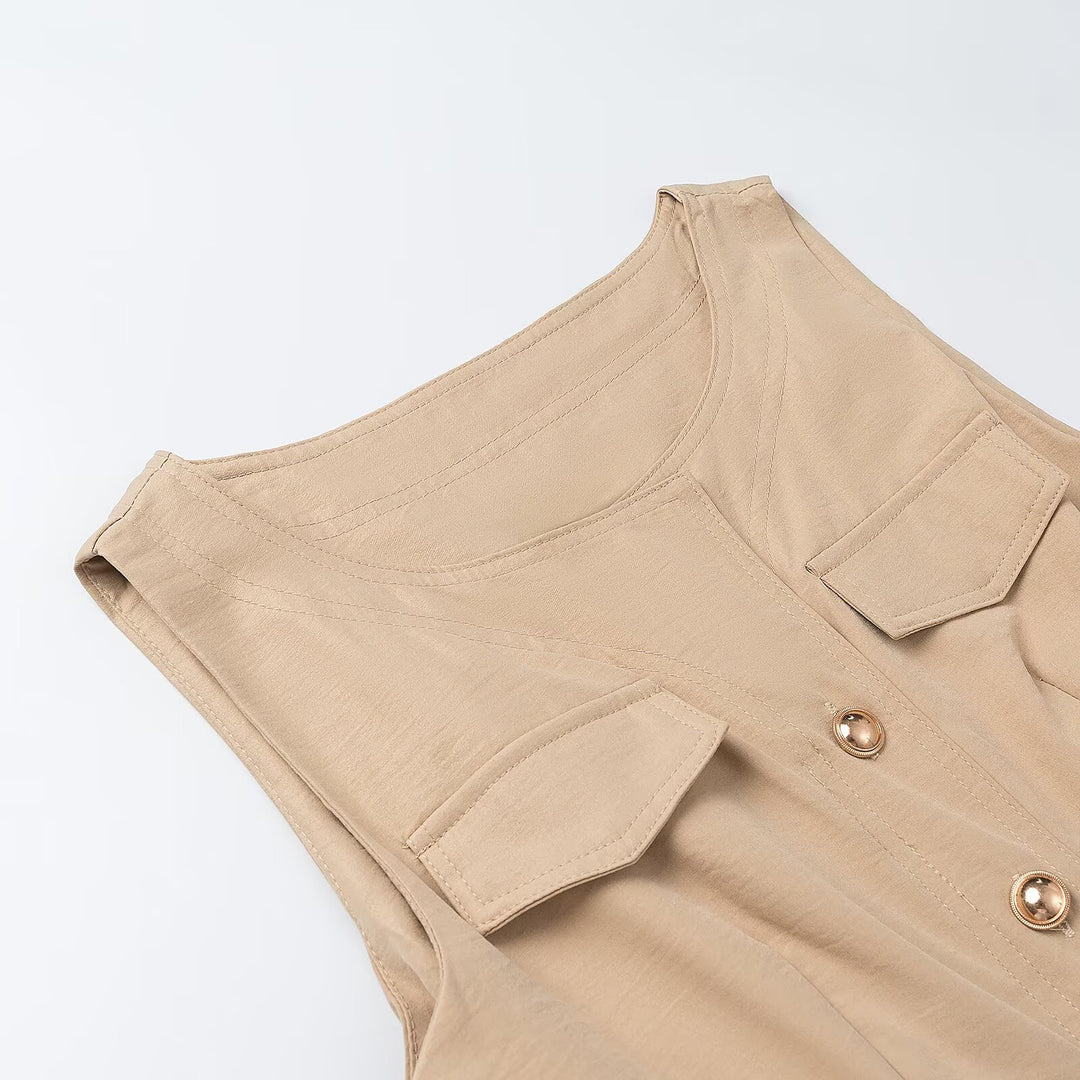 Damen Ärmelloses Hemdblusenkleid mit weitem A‑Linien‑Rock und Ziergürtel Echoarchiv