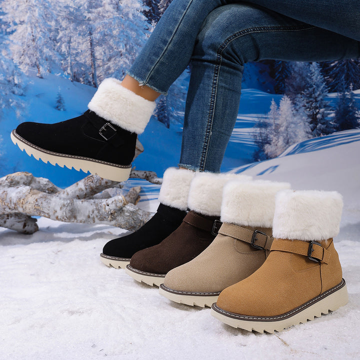 Damen Gefütterte Kurzstiefelette mit Kunstfellkragen, Velours‑Optik und Zierschnalle – Varelle