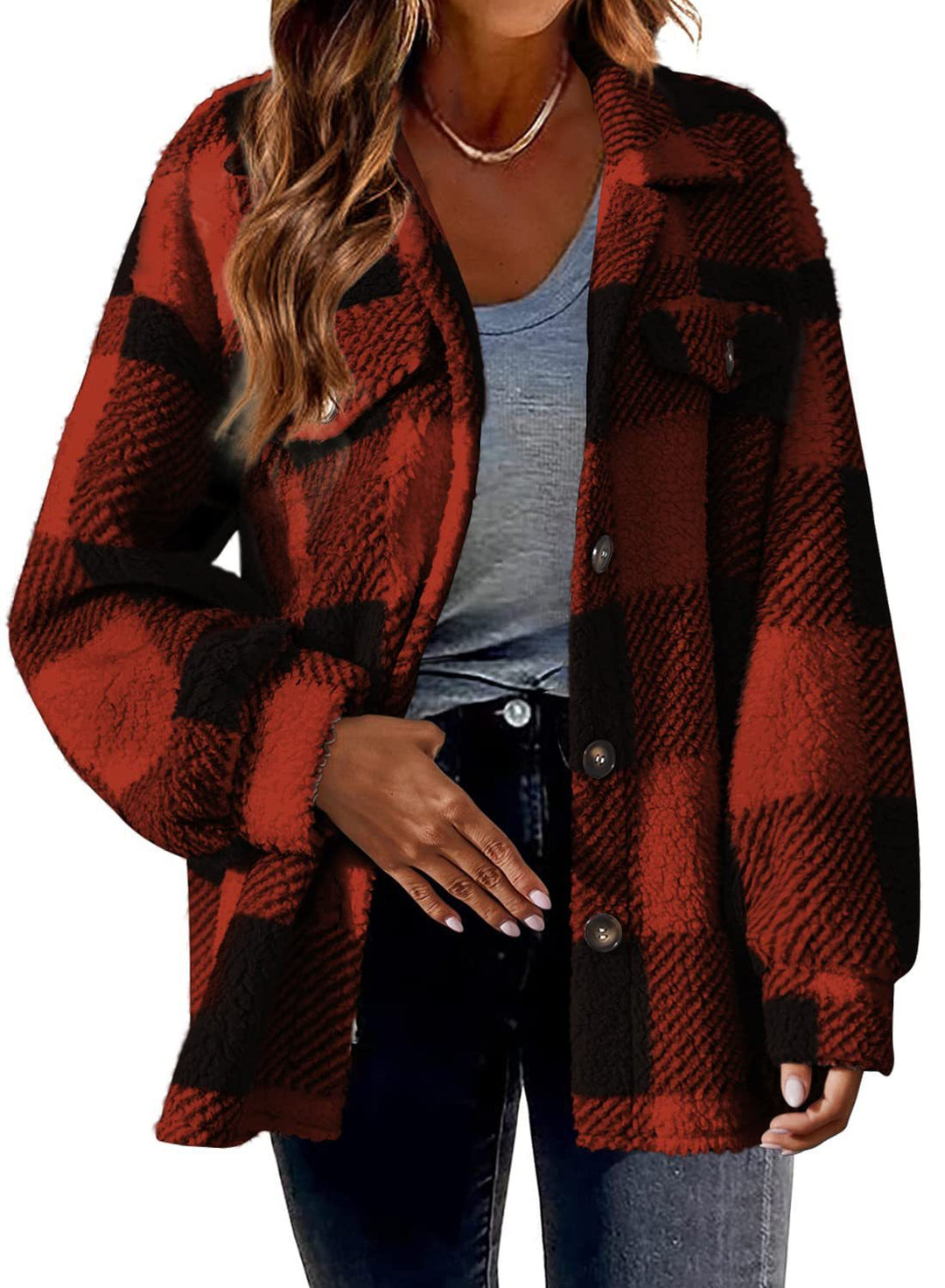 Damen nan kuschelige Sherpa-Karo-Übergangsjacke mit Brusttaschen und großzügigem Oversize-Schnitt Echo Archiv