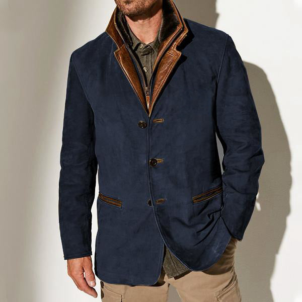 Herren stilvolle Wildlederjacke mit Kontrastkragen und praktischen Taschen Echoarchiv