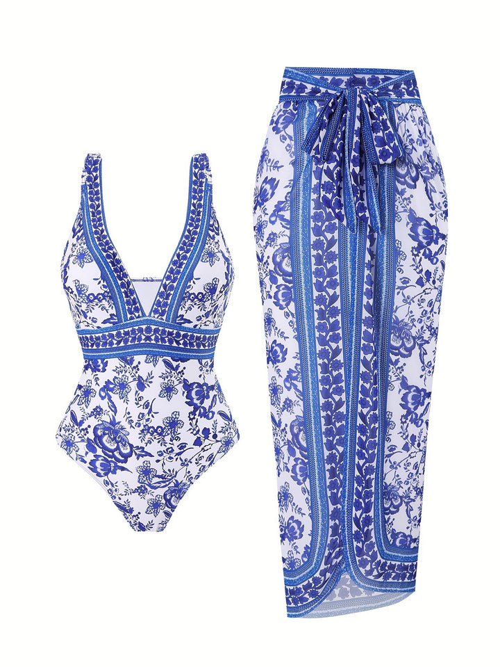 Damen eleganter Einteiler Badeanzug mit passendem Wickelrock Echo Archiv