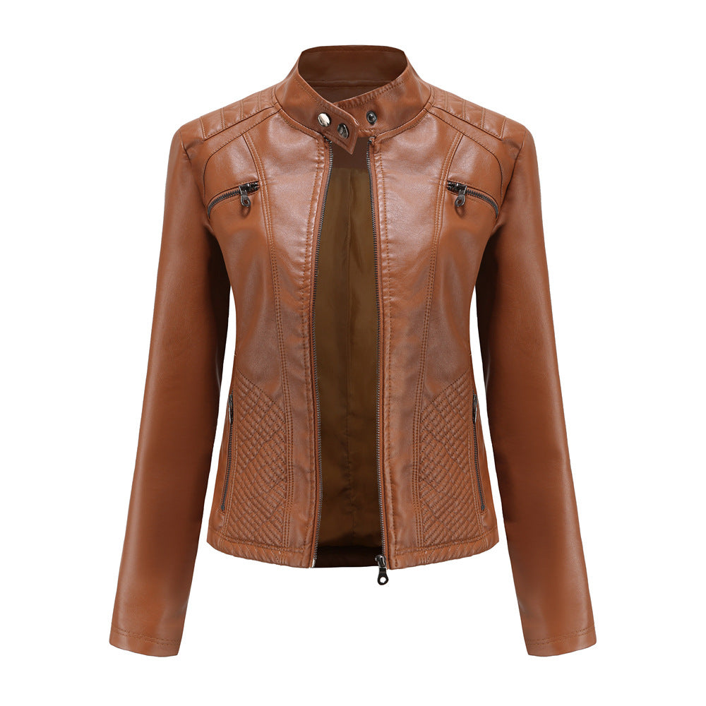 Damen nan taillierte Bikerjacke aus Kunstleder mit Stepppaneelen und Stehkragen Echo Archiv