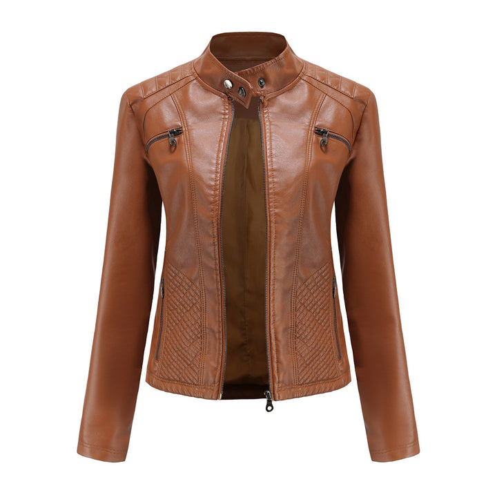 Damen nan taillierte Bikerjacke aus Kunstleder mit Stepppaneelen und Stehkragen Echo Archiv