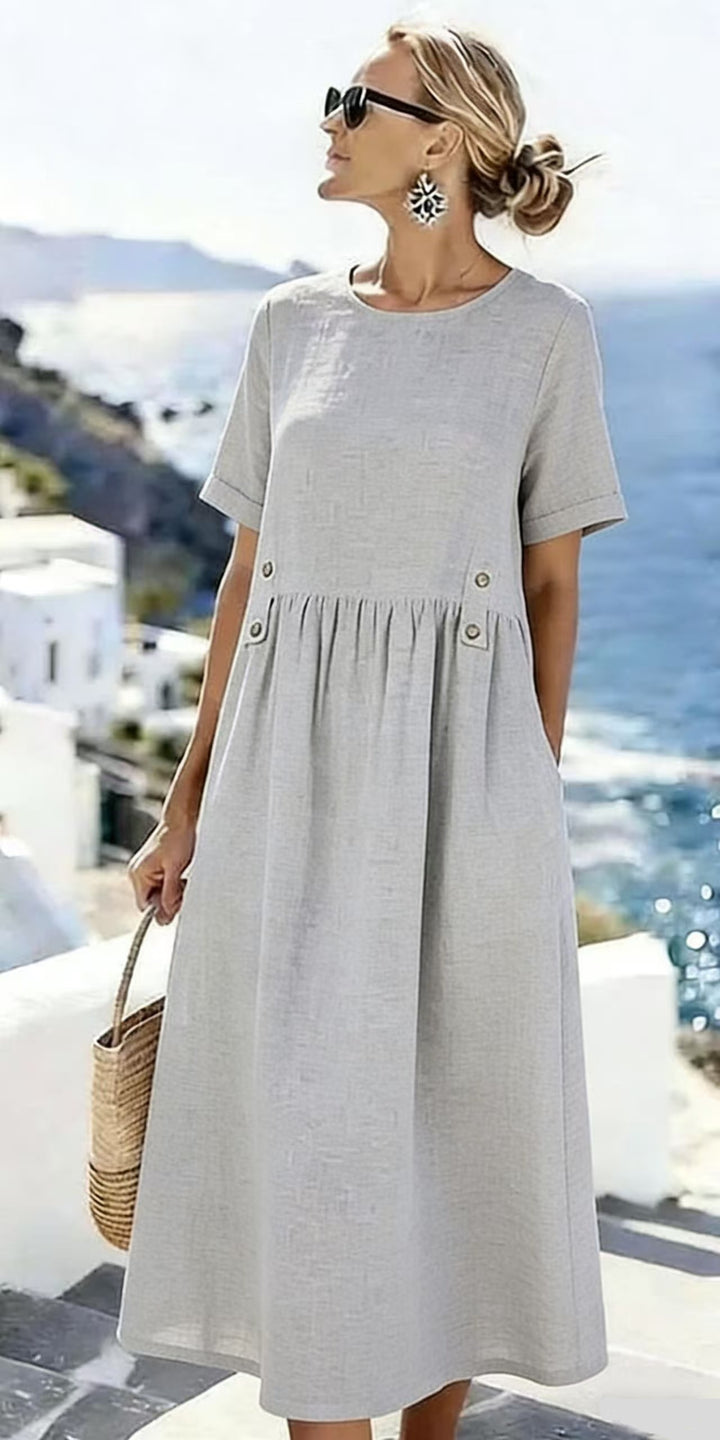 Damen Langes Leinenoptik-Sommerkleid mit geraffter Taillenpartie und Eingrifftaschen – Lunéa