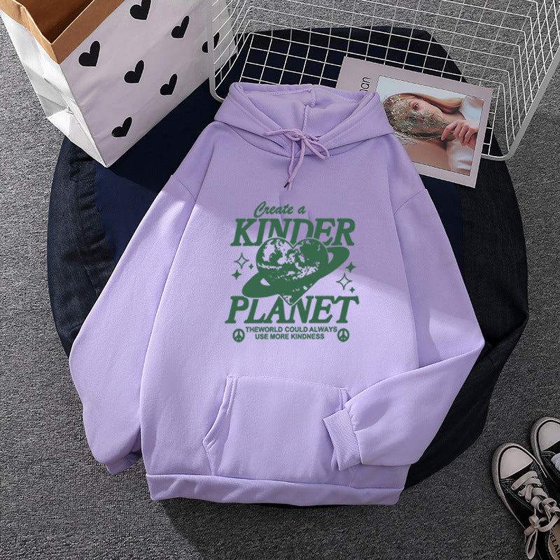 Unisex oversized Kapuzenpullover mit Statement-Print "Kinder Planet", Kängurutasche und weichem Futter – Auréline