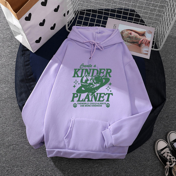 Unisex oversized Kapuzenpullover mit Statement-Print "Kinder Planet", Kängurutasche und weichem Futter – Auréline