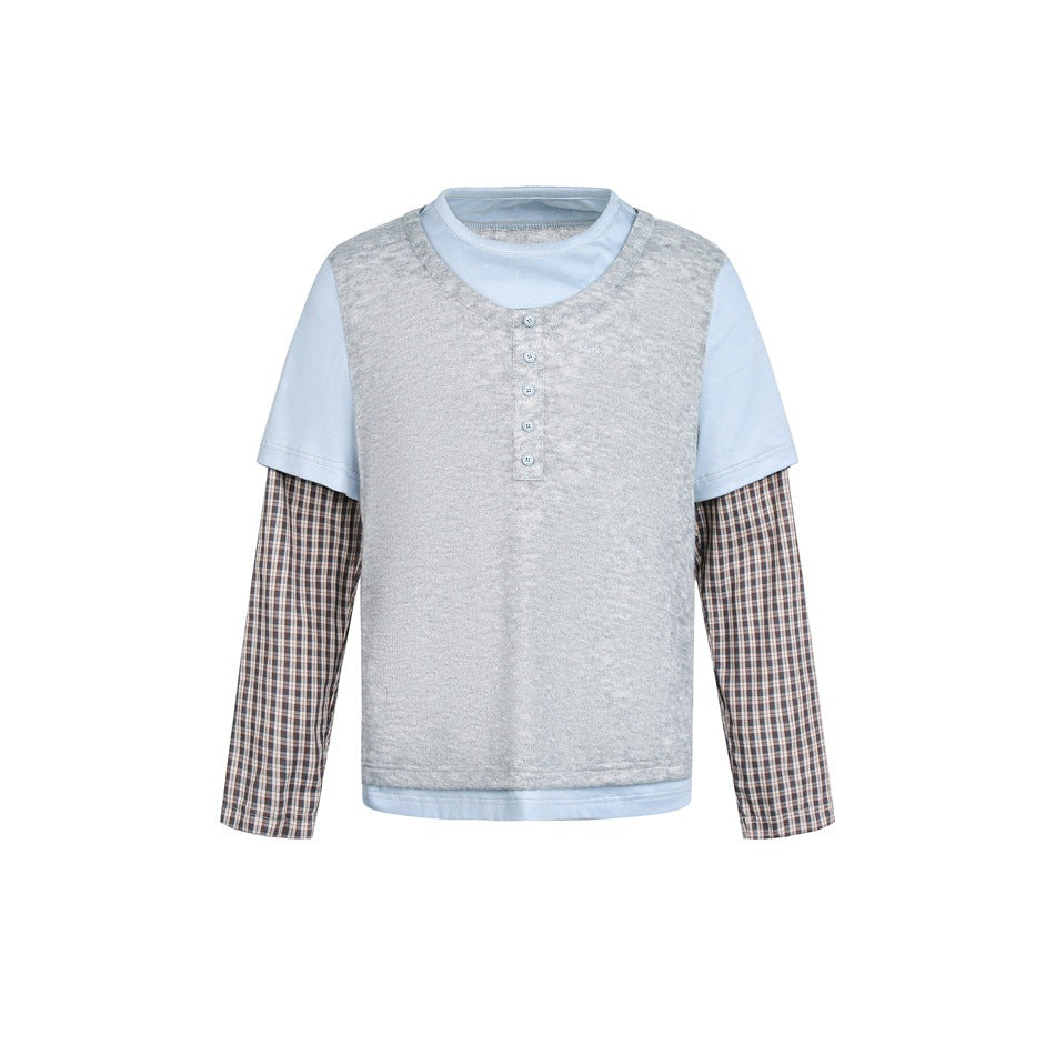 Unisex Lagenlook-Henley-Shirt mit kontrastierenden Karomanschetten und kurzem Overshirt-Effekt Echoarchiv