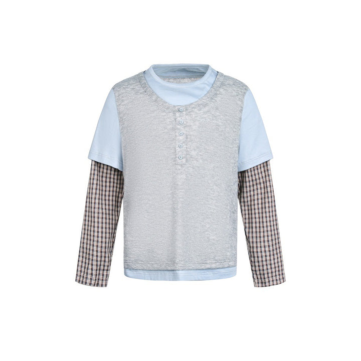 Unisex Lagenlook-Henley-Shirt mit kontrastierenden Karomanschetten und kurzem Overshirt-Effekt Echoarchiv
