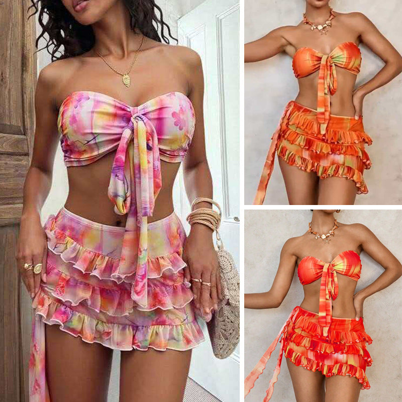 Damen Bandeau-Bikini-Set mit Rüschen und Wickeltuch Echo Archiv